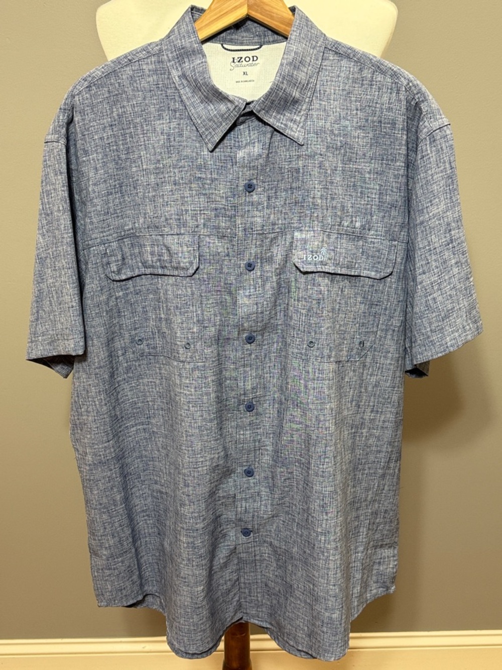 Izod Saltwater Men's Short Sleeve Button-Up Fishing Shirt - Heather Blue - XL